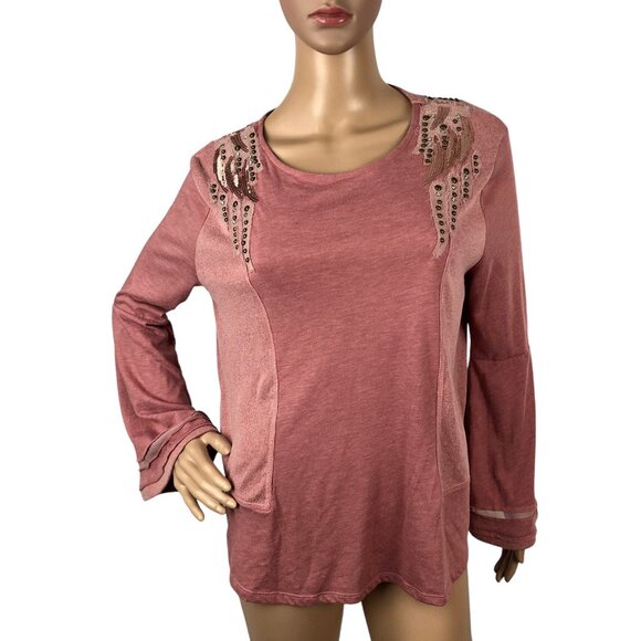 Miss Me Embellished Studded Knit Sweater Long Flare Sleeve Pink‎ Size M Boho Y2K - Picture 1 of 8